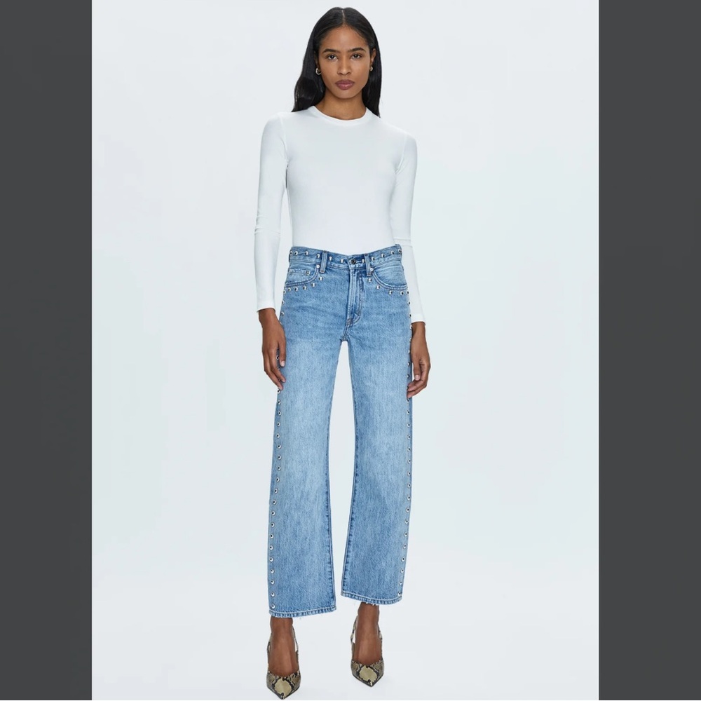 LEXI MID RISE BOWED STRAIGHT JEAN - SATELLITE